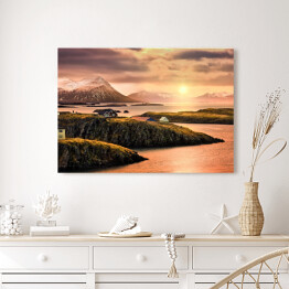 Obraz na płótnie Domy na fiordach o zachodzie słońca