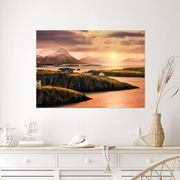 Plakat samoprzylepny Domy na fiordach o zachodzie słońca