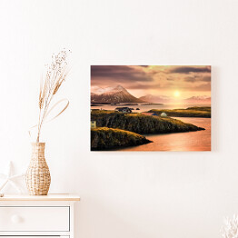 Obraz na płótnie Domy na fiordach o zachodzie słońca