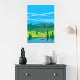 Plakat samoprzylepny Jezioro i las - pejzaż w minimalistycznym stylu