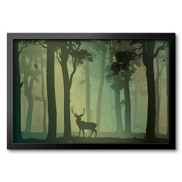 Obraz w ramie Ptaki i jeleń w zamglonym lesie