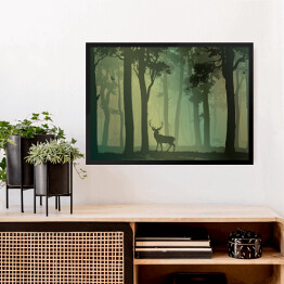 Obraz w ramie Ptaki i jeleń w zamglonym lesie