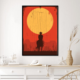 Plakat w ramie Cowboy jadący na koniu w stronę słońca