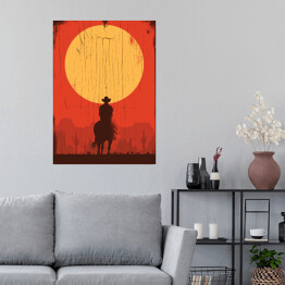 Plakat Cowboy jadący na koniu w stronę słońca
