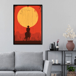 Plakat w ramie Cowboy jadący na koniu w stronę słońca