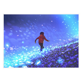 Chłopiec biegnący świetlistą drogą
