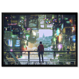 Plakat w ramie Mężczyzna spoglądający na cyfrowe miasto cyberpunk