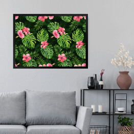 Obraz w ramie Tropikalne kwiaty i liście monstery na ciemnym tle