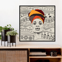 Plakat w ramie Kobieta z Afryki w barwnym turbanie na tle afrykańskich motywów