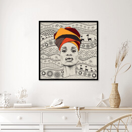 Plakat w ramie Kobieta z Afryki w barwnym turbanie na tle afrykańskich motywów