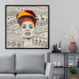Obraz w ramie Kobieta z Afryki w barwnym turbanie na tle afrykańskich motywów