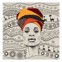 Plakat samoprzylepny Kobieta z Afryki w barwnym turbanie na tle afrykańskich motywów