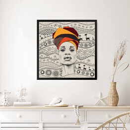 Obraz w ramie Kobieta z Afryki w barwnym turbanie na tle afrykańskich motywów