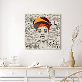 Obraz na płótnie Kobieta z Afryki w barwnym turbanie na tle afrykańskich motywów