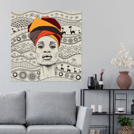 Plakat samoprzylepny Kobieta z Afryki w barwnym turbanie na tle afrykańskich motywów