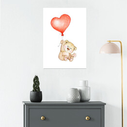 Plakat Uroczy miś z czerwonym balonikiem w kształcie serca