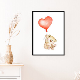 Plakat w ramie Uroczy miś z czerwonym balonikiem w kształcie serca