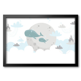 Obraz w ramie Wieloryby i chmurki w pastelowych barwach
