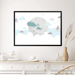 Obraz w ramie Wieloryby i chmurki w pastelowych barwach