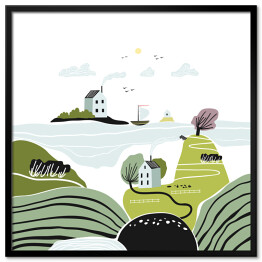 Plakat w ramie Skandynawskie wzgórza latem - ilustracja