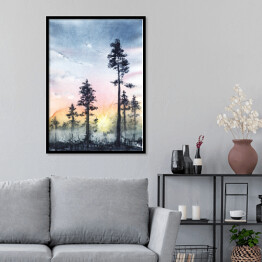 Plakat w ramie Ciemne drzewa sięgające chmur