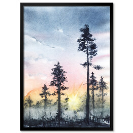 Plakat w ramie Ciemne drzewa sięgające chmur
