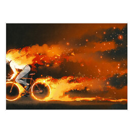 Mężczyzna jadący rowerem na płonącym tle