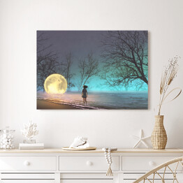 Obraz na płótnie Dziewczyna patrząca na księżyc chowający się w jeziorze