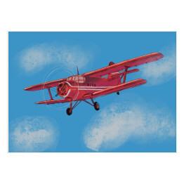 Plakat Czerwony samolot lecący po błękitnym niebie
