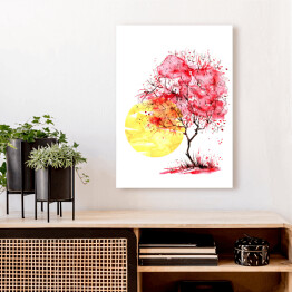 Obraz na płótnie Różowe drzewo na tle żółtego słońca