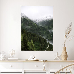 Plakat Krajobraz z zieloną polaną, drzewami na wzgórzu oraz ośnieżonymi górami