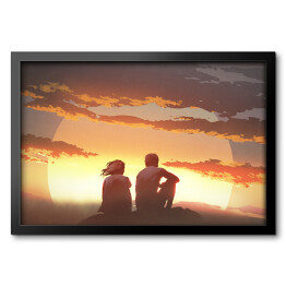 Obraz w ramie Siedząca para podziwiająca zachod słońca