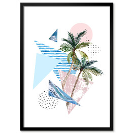 Plakat w ramie Palmy i pastelowe wzory geometryczne - kompozycja