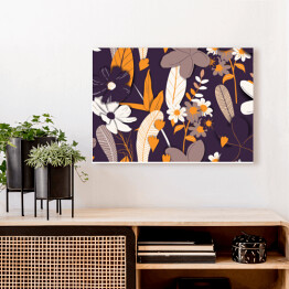 Obraz na płótnie Motyw białych, beżowych, pomarańczowych i czarnych kwiatów