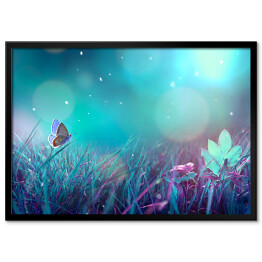 Plakat w ramie Motyle odpoczywające na błękitnej trawie