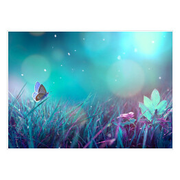 Plakat samoprzylepny Motyle odpoczywające na błękitnej trawie