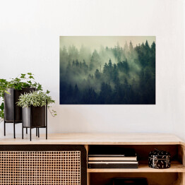 Plakat samoprzylepny Mglisty krajobraz z lasem jodłowym w stylu hipster vintage retro