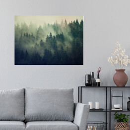 Plakat Mglisty krajobraz z lasem jodłowym w stylu hipster vintage retro