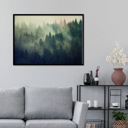 Plakat w ramie Mglisty krajobraz z lasem jodłowym w stylu hipster vintage retro
