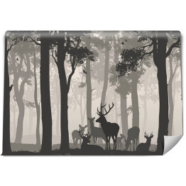 Fototapeta Naturalne tło z sylwetką lasu ze stadem jeleni. Bezszwowe poziome tło. Ilustracja wektorowa
