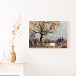 Obraz na płótnie Jesienny krajobraz z drewnianymi domami i dużym drzewem