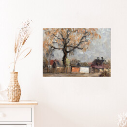 Plakat Jesienny krajobraz z drewnianymi domami i dużym drzewem