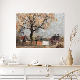 Plakat samoprzylepny Jesienny krajobraz z drewnianymi domami i dużym drzewem