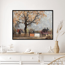 Plakat w ramie Jesienny krajobraz z drewnianymi domami i dużym drzewem
