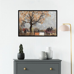 Plakat w ramie Jesienny krajobraz z drewnianymi domami i dużym drzewem