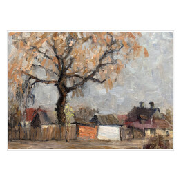Plakat samoprzylepny Jesienny krajobraz z drewnianymi domami i dużym drzewem