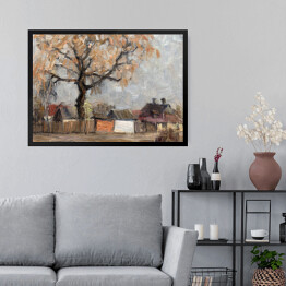 Obraz w ramie Jesienny krajobraz z drewnianymi domami i dużym drzewem