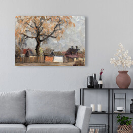 Obraz na płótnie Jesienny krajobraz z drewnianymi domami i dużym drzewem