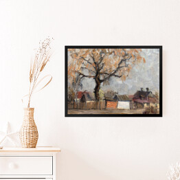 Obraz w ramie Jesienny krajobraz z drewnianymi domami i dużym drzewem