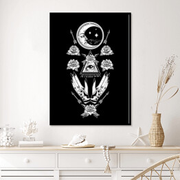 Plakat w ramie Mistyczna symetryczna kompozycja z księżycem, dłońmi, kwiatami i okiem